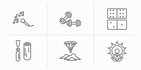 activity and hobbies outline icons set. thin line icons such as sing, exercising, dominoes, wood carving, gliding parachutist, yoga vector.