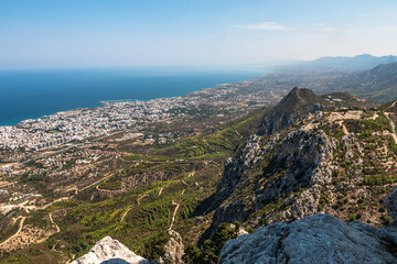 Fototapeta na wymiar beautiful landscape. view from the top of the mountain to the sea and the city in Northern Cyprus. 