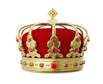 3d royal golden crown with red diamonds on isolated background. Textured king gold crown. 3d rendering illustration.