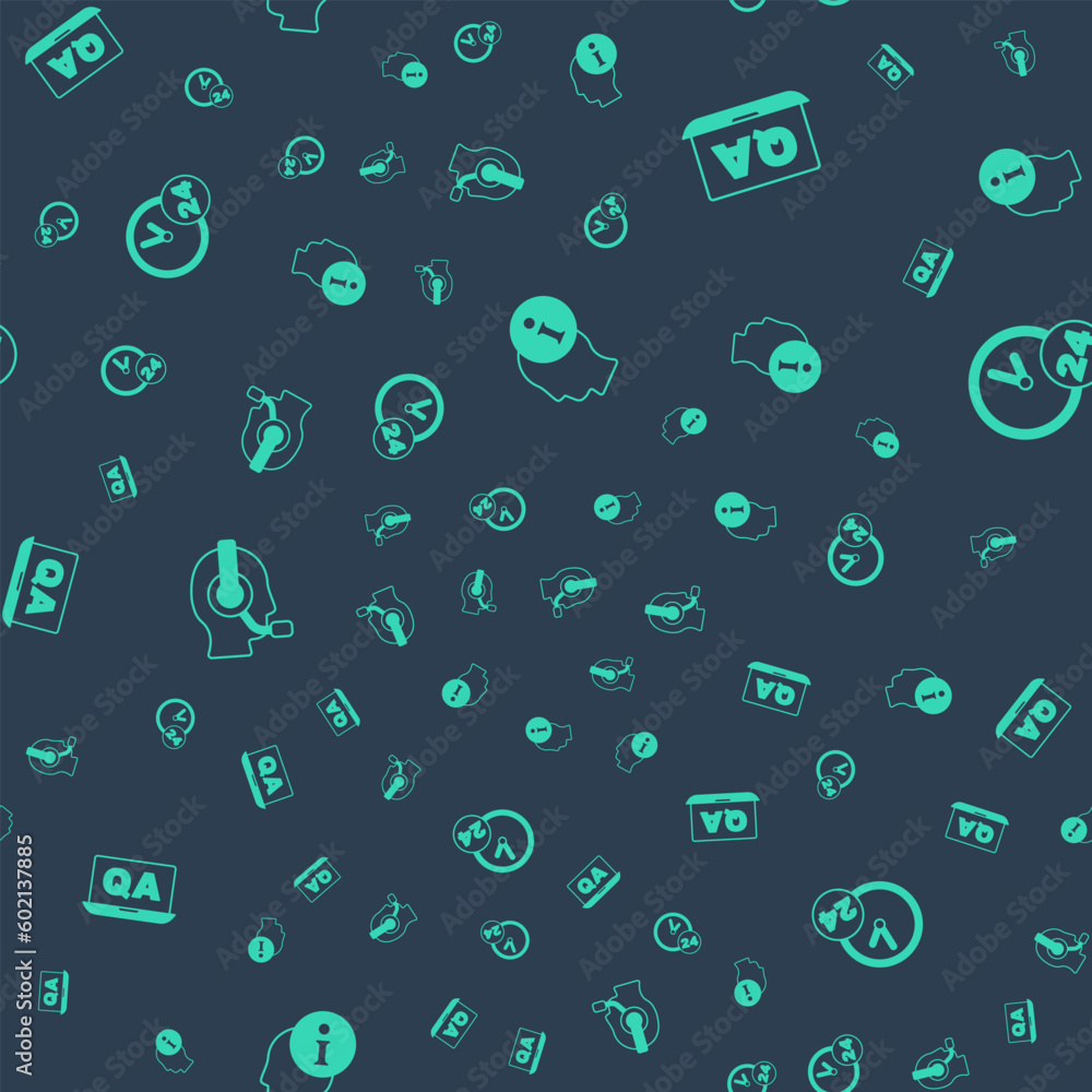 Aufkleber set information, question and answer, man with headset and clock 24 hours on seamless pattern. vecto