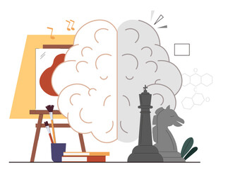 Side of brain. Creative and logical part of brain, thinking. Biology and anatomy. Science and creativity. Brushes with canvas and books and chess pieces. Cartoon flat vector illustration