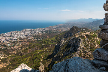 Fototapeta na wymiar beautiful landscape. view from the top of the mountain to the sea and the city in Northern Cyprus.