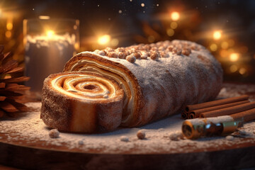  Generative Ai. New Year's biscuit roll "Log". Christmas dessert