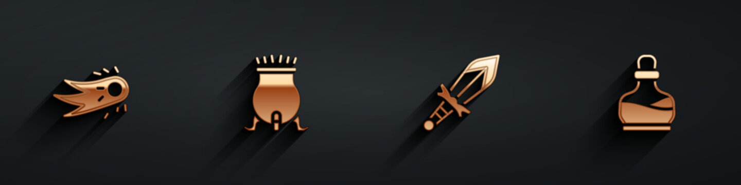 Set Fireball, Witch cauldron, Medieval sword and Bottle with potion icon with long shadow. Vector