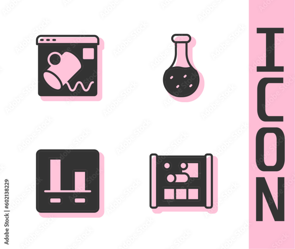 Aufkleber set graphing paper for engineering, data visualisation, chart infographic and test tube icon. vector