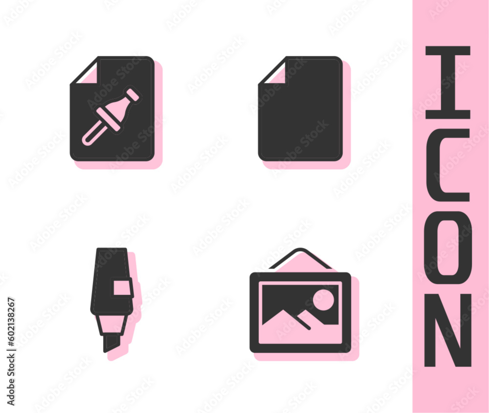 Poster set picture landscape, note paper with push button, marker pen and file document icon. vector