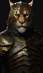 A close up of a tiger wearing armor. Generative AI.