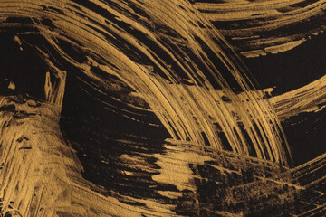 Art oil and acrylic smear blot canvas painting wall. Abstract texture gold and black color stain...