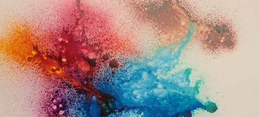 Rolgordijnen Watercolor flow spray blot drops on beige. Abstract art background. © Liliia