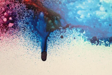 Gordijnen Watercolor flow spray blot drops on beige. Abstract art background. © Liliia