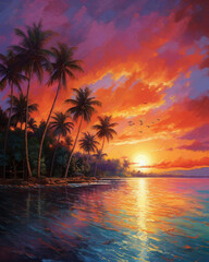 Fototapeta na wymiar A serene and enchanting view of an azure ocean meeting the horizon, dotted with idyllic tropical islands adorned with palm trees swaying gently in the breeze, as the sky above paints a mesmerizing can
