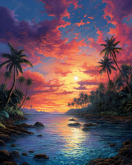 A serene and enchanting view of an azure ocean meeting the horizon, dotted with idyllic tropical islands adorned with palm trees swaying gently in the breeze, as the sky above paints a mesmerizing can