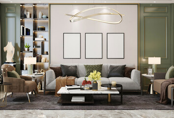 Poster three frame mock up model in modern interior background calm color green living room luxury style - 3d rendering