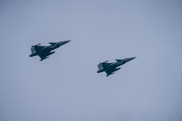 Russian Multirole Jet Fighter.two fighter jets in the sky. combat formation of attack jet fighters.