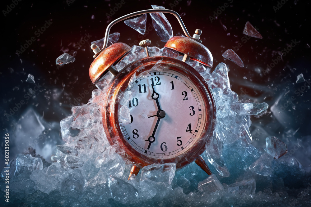 Poster an alarm clock is in the middle of a pile of ice. generative ai.