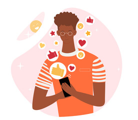 Positive feedback concept. Man with smartphone puts reactions in instant messengers and social networks. User watching interesting content on Internet. Cartoon flat vector illustration