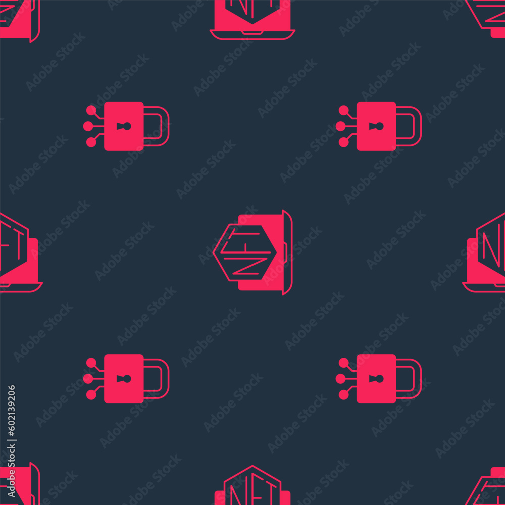 Poster set cyber security and laptop with art store app on seamless pattern. vector