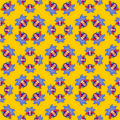 Seamless pattern of abstract flowers on a yellow background. Bright vibrant pattern. For textiles and decor.