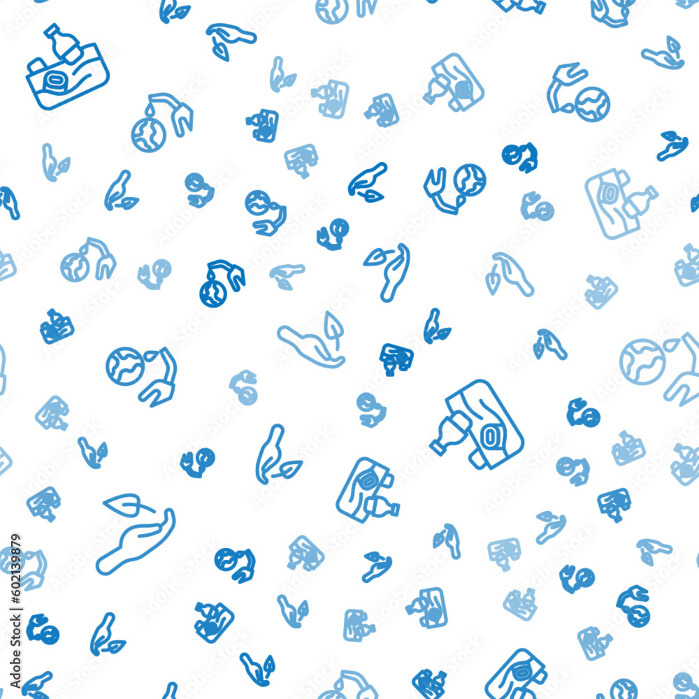 Aufkleber set line sprout in hand, problem pollution of the ocean and gas pump nozzle globe on seamless patter