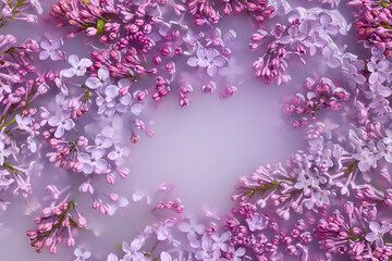 Branches of blossoming lilac float in milk. Copy space, flat lay. The concept of purity, tenderness, freshness, youth. Summer mood.