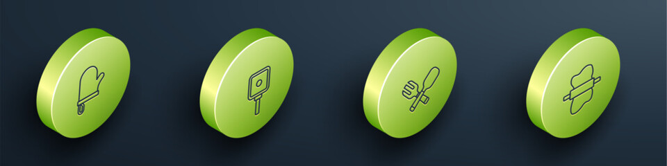 Set Isometric line Oven glove, Frying pan, Crossed fork and spoon and Rolling pin dough icon. Vector