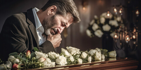 Fototapeta premium Man grieving over coffin. Generative AI