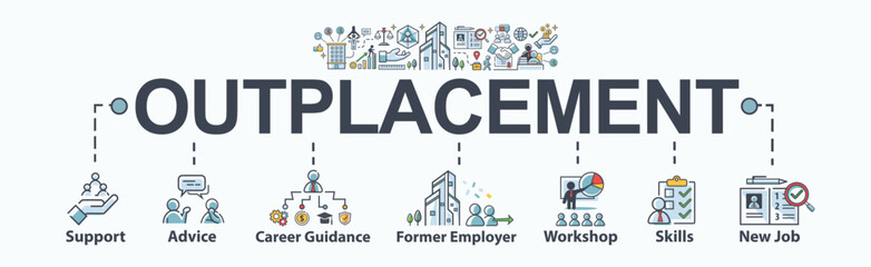 Outplacement banner web icon for support, advice, career guidance, former employer, workshop, skills, new job, training, and presentation. Minimal flat cartoon vector infographic.