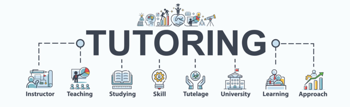 Tutoring banner web icon for self-development, instructor, teaching, learning, studying, tutelage, skill, approach and goal. Minimal vector infographic.
