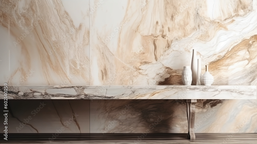 Poster a marble table with a vase on top of it. generative ai.