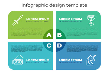 Set line Ticket, Dagger, Unicorn and Medieval goblet. Business infographic template. Vector