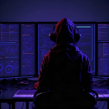 Portrait Of A Hacker From Behind Working On A Hi-tech Computer Wearing Red Hoodie And Headset, Coding, Hacking, Generative Ai