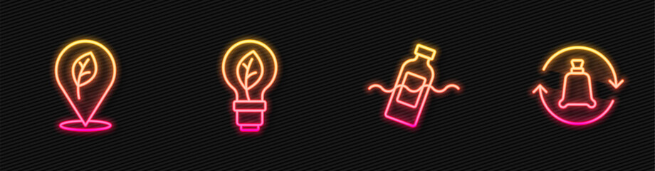 Set line The problem of pollution, Location with leaf, Light bulb and Garbage bag recycle. Glowing neon icon. Vector