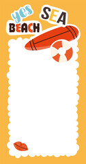 Sticker daily planner. Notepad sheet with surfboard and lifebuoy and inscription sea beach. Space for notes, diary and memo. Poster or banner for website. Cartoon flat vector illustration