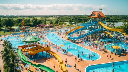 A fun and colorful photo of a water park with slides and pools, showing the people enjoying the water attractions and the sunny day.  Generative AI.