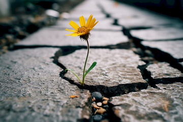 A hopeful and inspiring photo of a flower growing out of a crack in the asphalt, symbolizing the resilience and beauty of nature. Generative AI. - obrazy, fototapety, plakaty