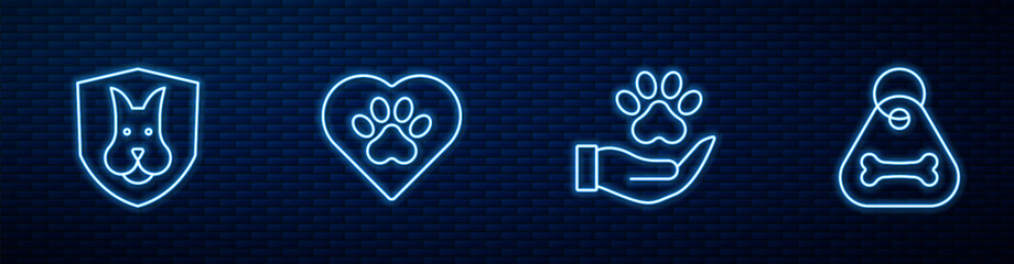 Set line Hands with animals footprint, Animal health insurance, Heart and Dog collar bone. Glowing neon icon on brick wall. Vector