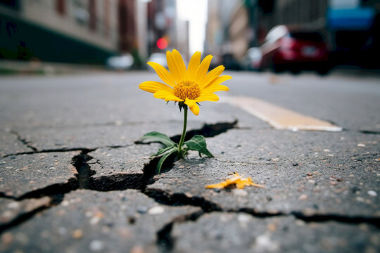 A hopeful and inspiring photo of a flower growing out of a crack in the asphalt, symbolizing the resilience and beauty of nature. Generative AI.