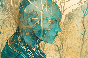 Peaceful god, male forest spirit, calm face, profile, green and vibrant turquoise colors with golden leaf finish, generative AI digital illustration
