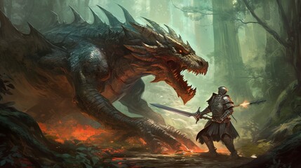 Knight fighting a dragon. Fantasy concept , Illustration painting. Generative AI