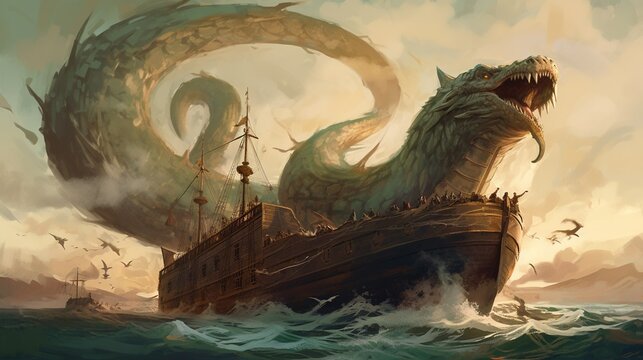 Giant sea serpent attacking a ship. Fantasy concept , Illustration painting. Generative AI