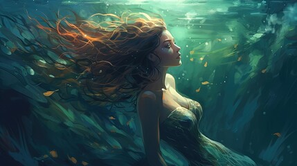Mermaid swimming underwater. Fantasy concept , Illustration painting. Generative AI
