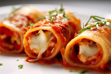 Cannelloni, pasta tubes filled with cheese or meat and baked with tomato sauce. Generative AI.