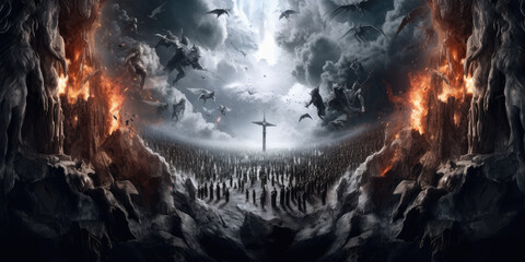 Fototapeta heaven and hell with many lost souls, angels fight, background image obraz