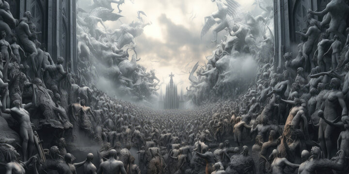 heaven and hell with many lost souls, angels fight, background image