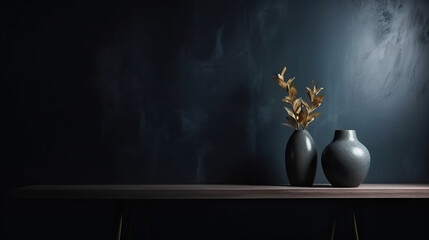 Dark modern studio room for a photo shoot product or service advertising. Empty light dark wall with beautiful chiaroscuro with plant pots. 3D realistic illustration. Generative AI