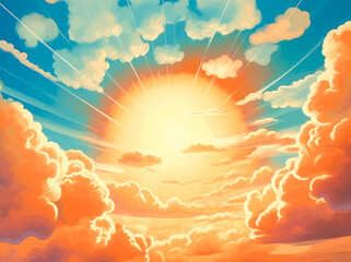 Sunshine in the background of the sky, in the style of pastiche, golden hues. Generative Ai.