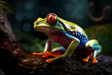Naklejka premium Beautiful rainbow colored crystal tree frog, small multicolor decorative figurine, AI generative illustration