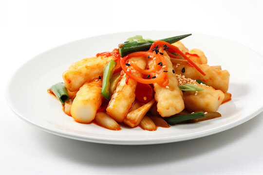 Tteokbokki: Spicy rice cake stir-fry with fish cakes and vegetables, generative AI Korean dish on white background