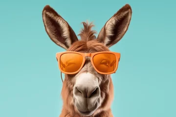 Fotobehang donkey with sunglasses, pastel color background, wall art © giorgi