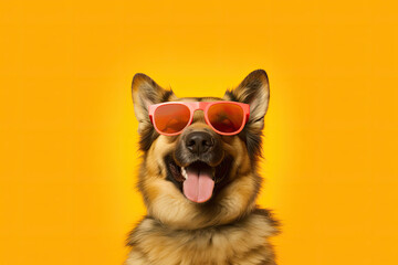 Fototapeta happy dog with sunglasses, pastel color background, beach background, background image obraz